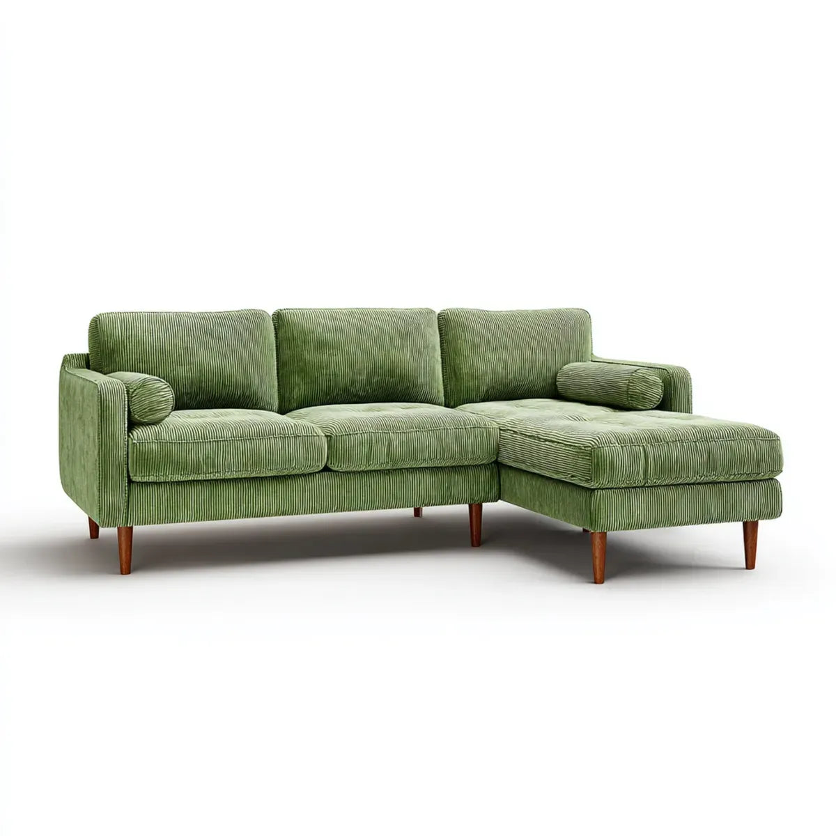 Sofa, Rożna sofa 3 fotele z krzesełkiem longue prawo zielony aksamit na żeberka poliestrowe 230 x 150 x 85 cm
