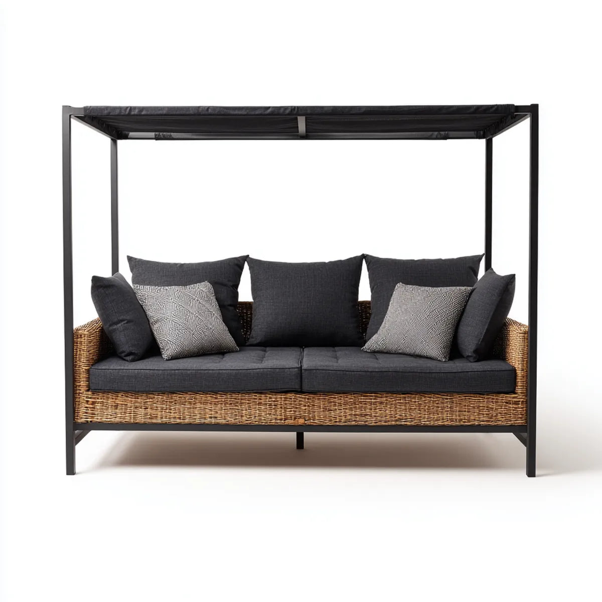 Sofa ogrodowa, Taras sofa z dachem słonecznym czarny naturalny brązowy 200 x 90 x 200 cm PE- rattan stali prostokątnej