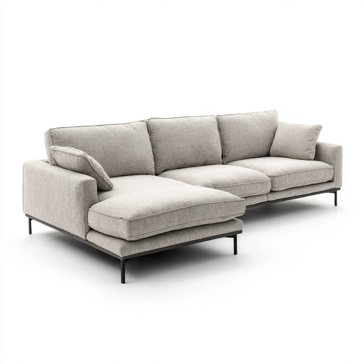 Sofa, Kanapa narożna z krzesełkiem z lewym, jasnoszarym, 280 x 160 x 85 cm, poliestrowa stal L kształt