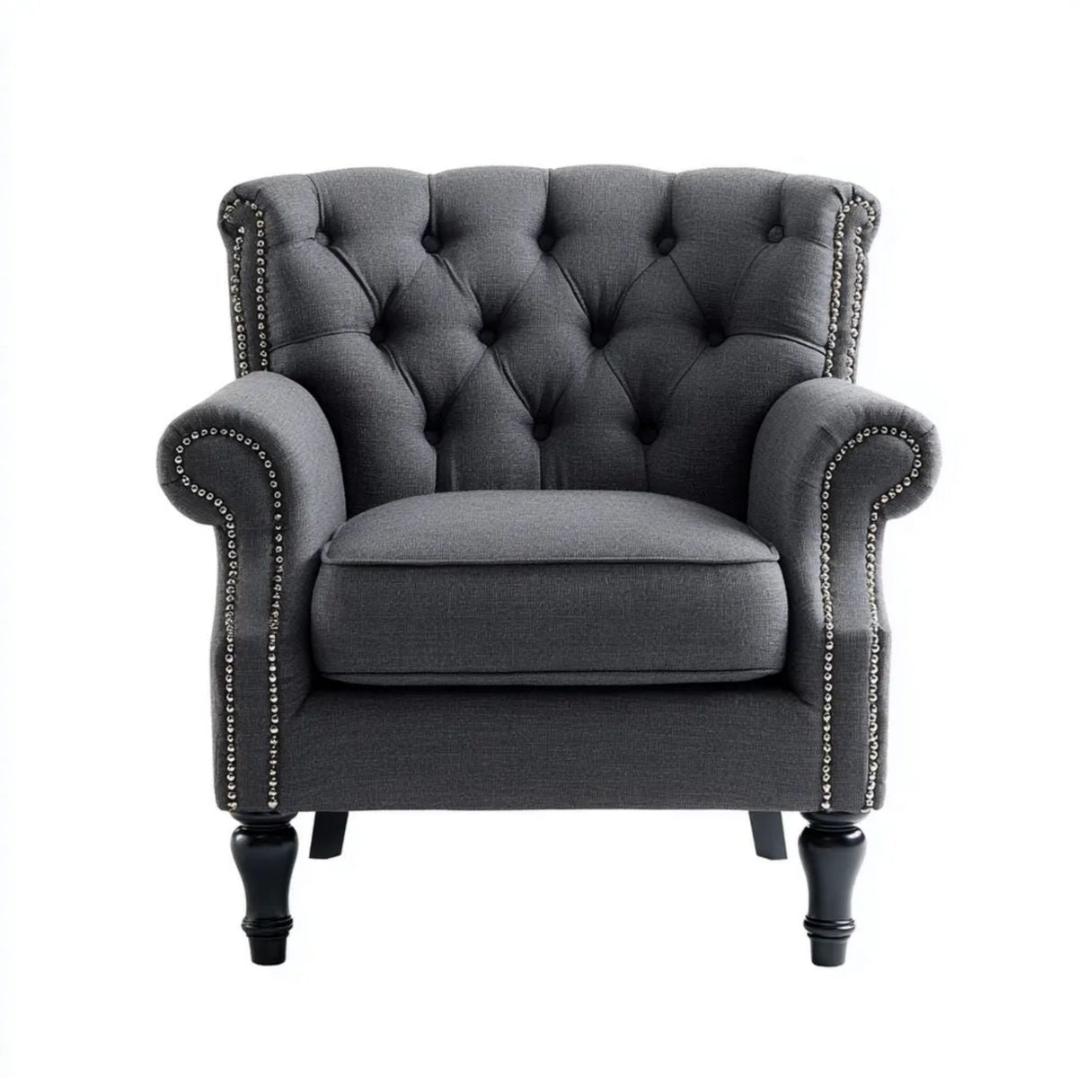 Fotel, Wisiorek Chesterfield, szary antracyt w kapionym poliestrze, 110 x 90 x 105 cm