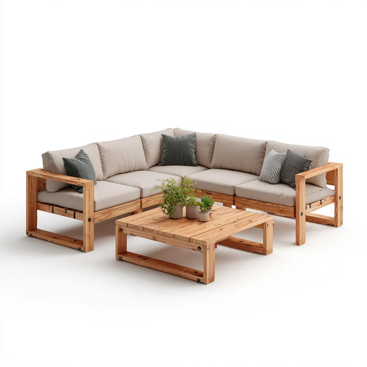 Sofa ogrodowa, 3-częściowy taras loungeset narożna sofa z stolikiem kawowym naturalna beż z litego drewna sosnowego kształt litery 230 x 230 x 75 cm