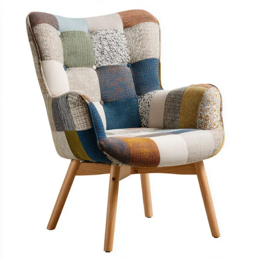 Fotel, Wielokolorowa patchwork poliestrowa fotel do uszu z litego drewna, 68 x 75 x 101 cm