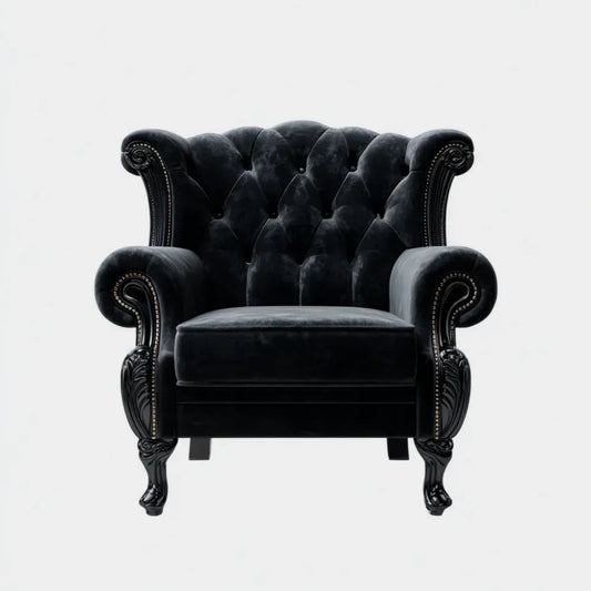 Fotel, Chesterfield fotel czarny w poliestrze Belarvelvet, 90 x 85 x 105 cm, oparcie