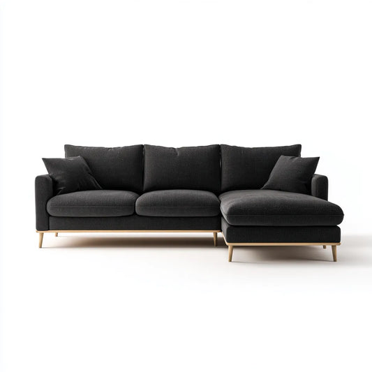 Sofa, Kanapa narożna 3 fotele z krzesełkiem z prawej czarny poliester 260 x 160 x 85 cm