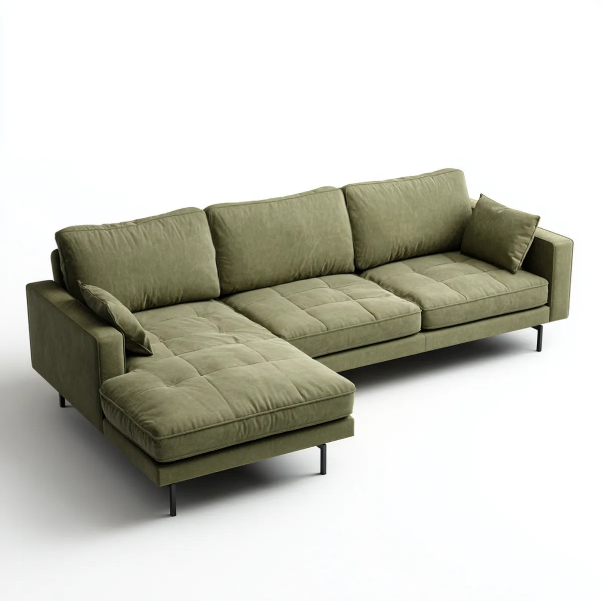 Sofa, Kanapa narożna z krzesełkiem na lewo zielony poliester oliwkowy 280 x 160 x 85 cm