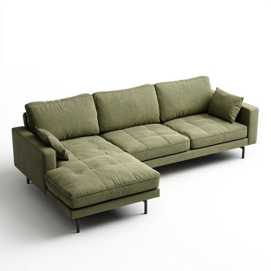 Sofa, Kanapa narożna z krzesełkiem na lewo zielony poliester oliwkowy 280 x 160 x 85 cm