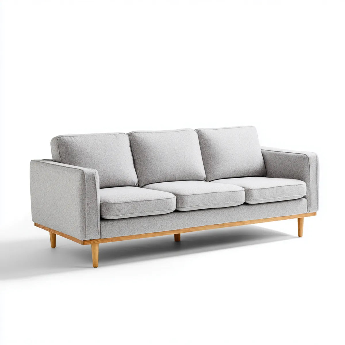 Sofa, 3 fotele szare 210x85x85 cm poliestrowa sofa z prostokątną ramką z litego drewna
