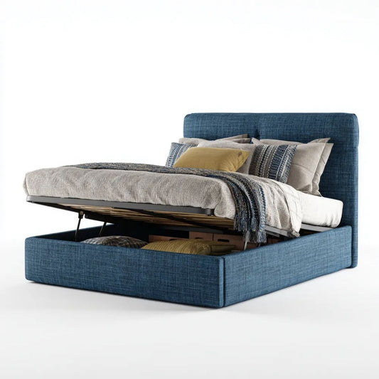 Łóżko z pojemnikiem, Niebieskie podwójne łóżko w poliestrze 160 x 200 cm z wygodnym pudełkiem, 170 x 215 x 110 cm