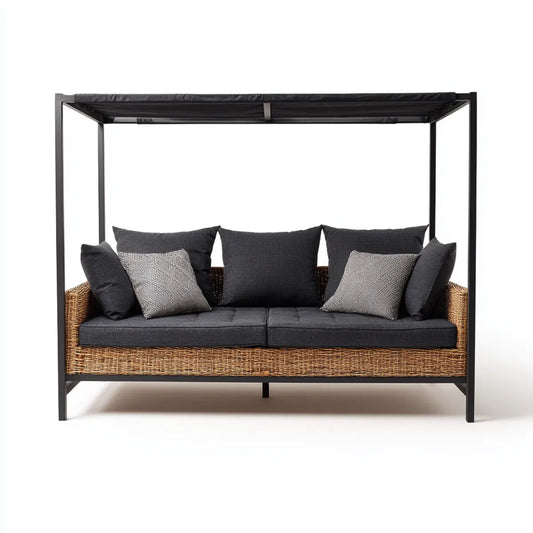 Sofa ogrodowa, Taras sofa z dachem słonecznym czarny naturalny brązowy 200 x 90 x 200 cm PE- rattan stali prostokątnej