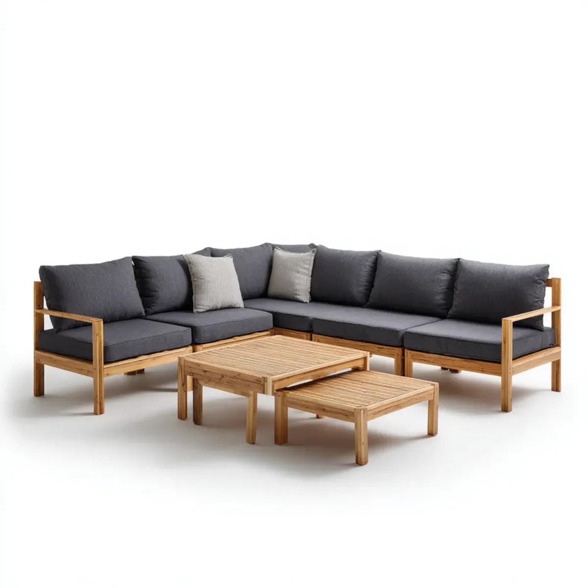 Sofa ogrodowa, Ogród salon narożna kanapa zestaw 5- część brązowy ciemny szary z litego drewna acacia z poliestrową poduszką kształt litery 240 x 240 x 75 cm