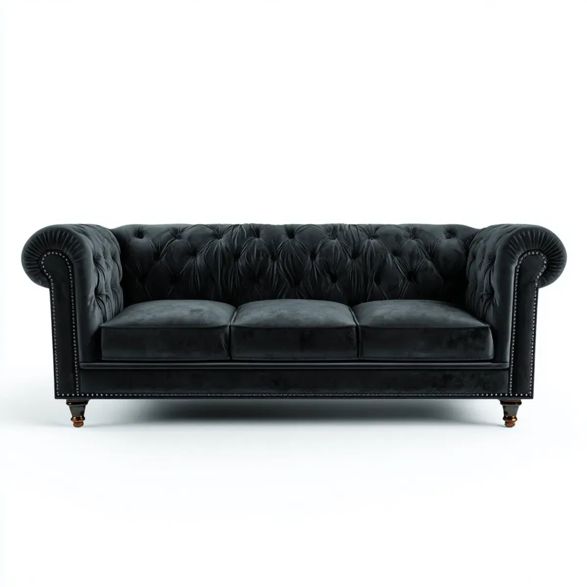 Sofa, Kanapa Chesterfield 3 fotele czarne 230 x 90 x 78 cm aksamit prostokątnego poliestru