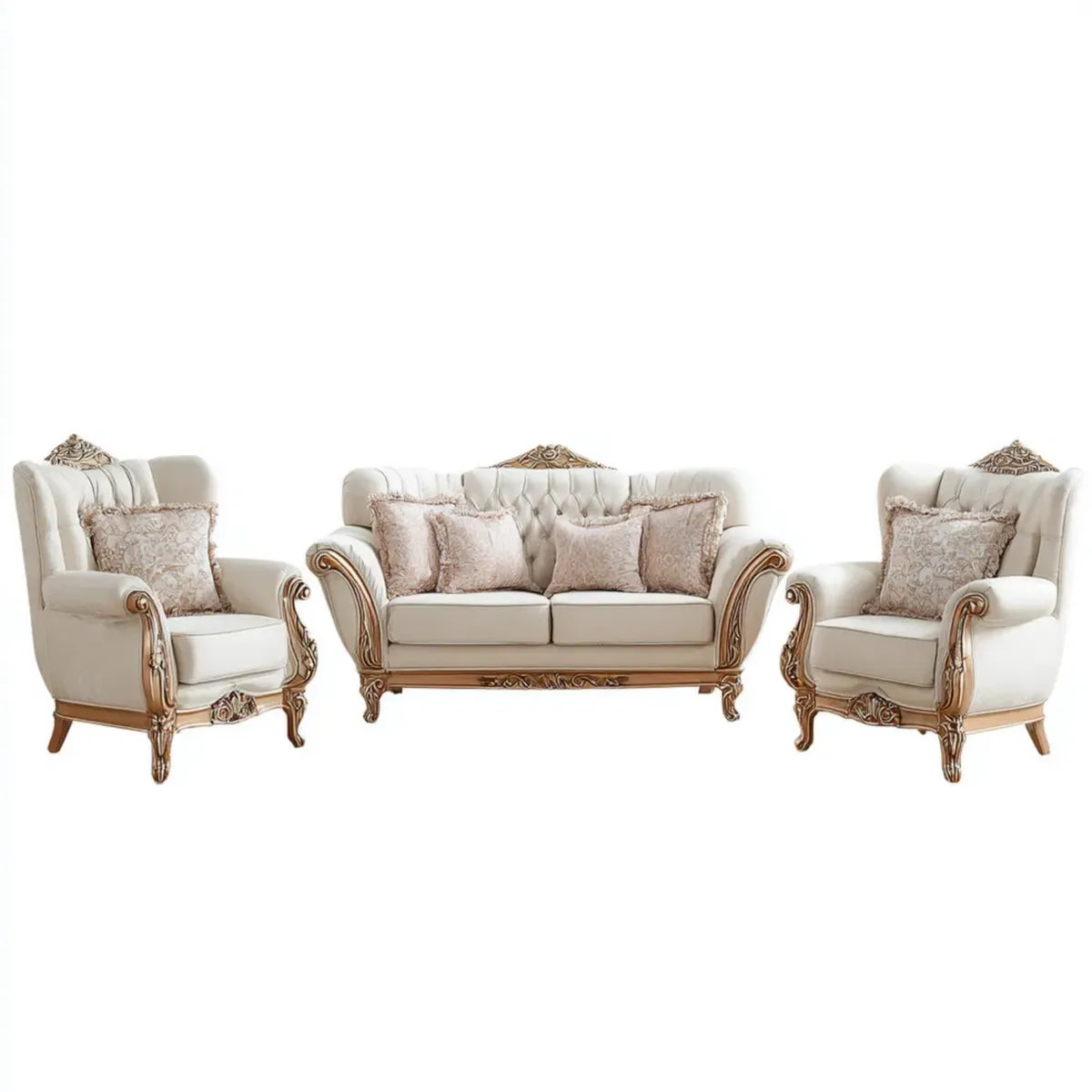Sofa, Zestaw sof 3 kawałki klasyczny krem i złoto w poliestrze i litym drewnie z sofą 2 miejsca i 2 fotele 190 x 90 x 118 cm