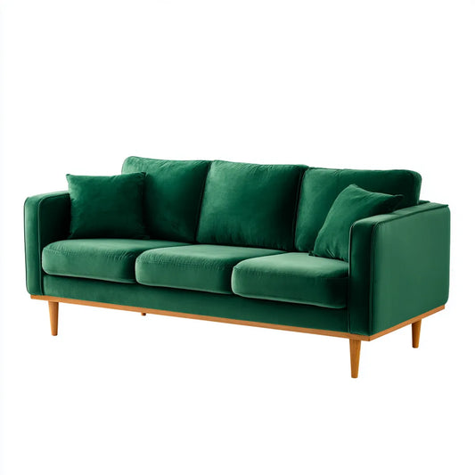 Sofa, 3 fotele zielone poliestrowa aksamitna sofa z prostokątnymi nogami z litego drewna 210 x 88 x 86 cm