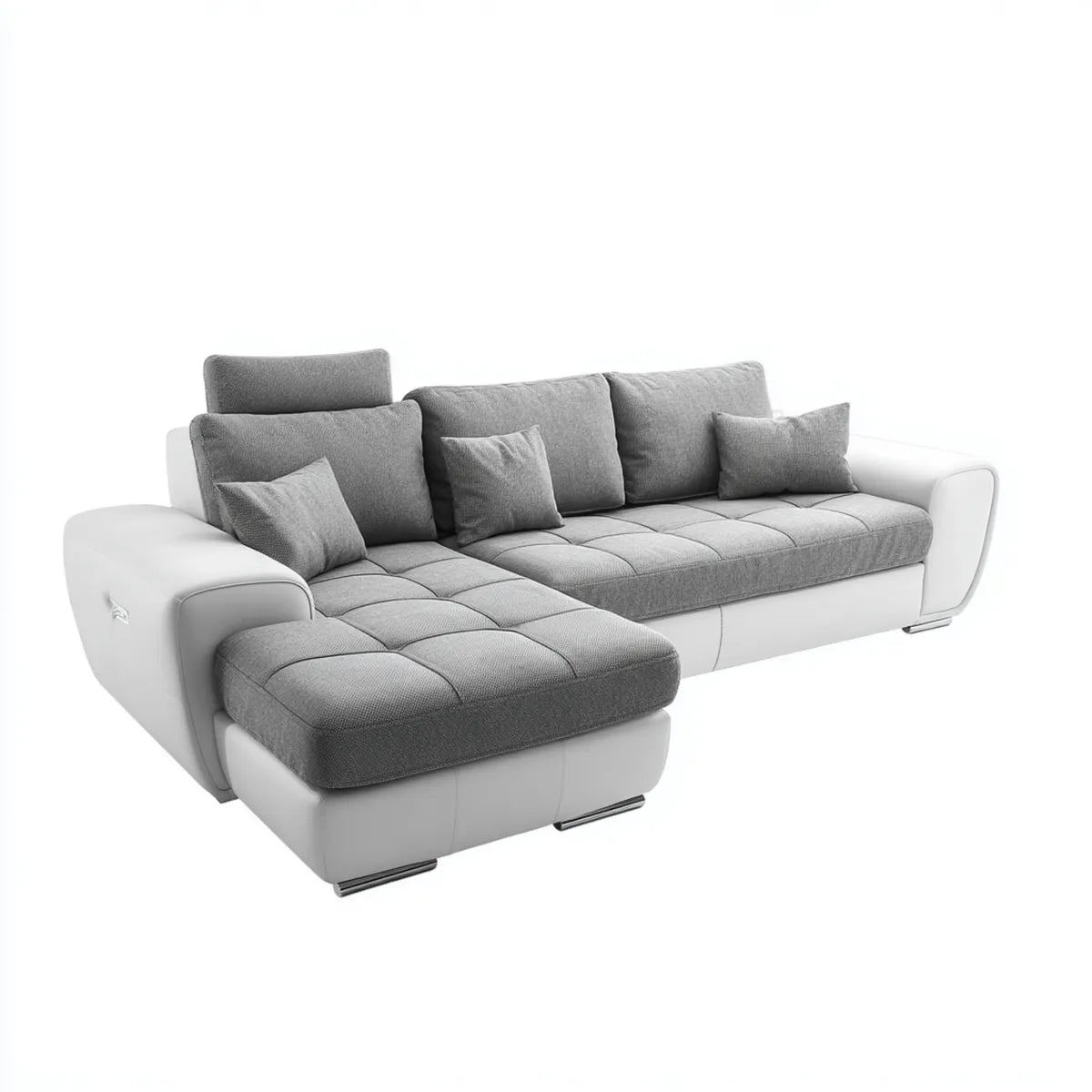 Sofa, Kanapa narożna z krzesełkiem 3 miejsca szaro-białe poliestrowe i syntetyczne skóry PU 280 x 170 x 90 cm