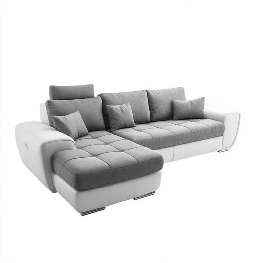 Sofa, Kanapa narożna z krzesełkiem 3 miejsca szaro-białe poliestrowe i syntetyczne skóry PU 280 x 170 x 90 cm