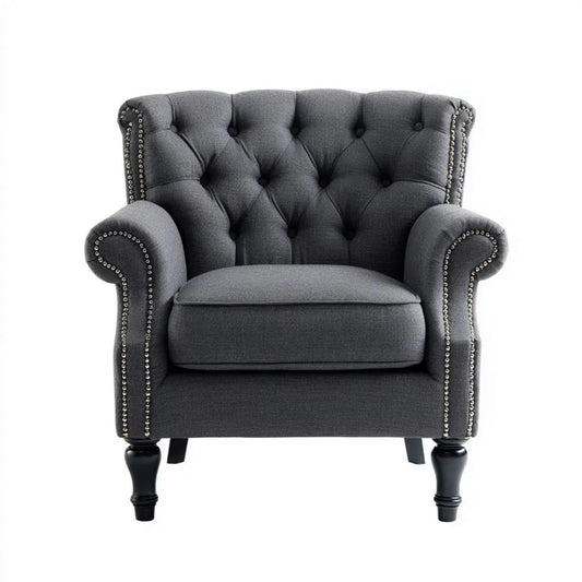 Fotel, Wisiorek Chesterfield, szary antracyt w kapionym poliestrze, 110 x 90 x 105 cm
