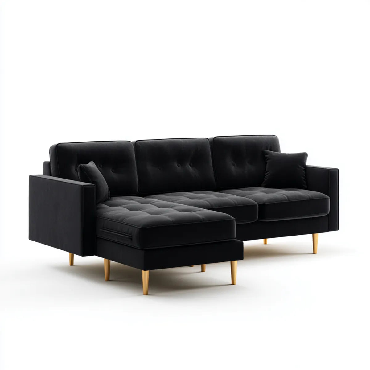 Sofa, Kanapa narożna 3 czarne poliestrowe aksamitne siedzenia z szezlongiem lewo 250 x 160 x 85 cm