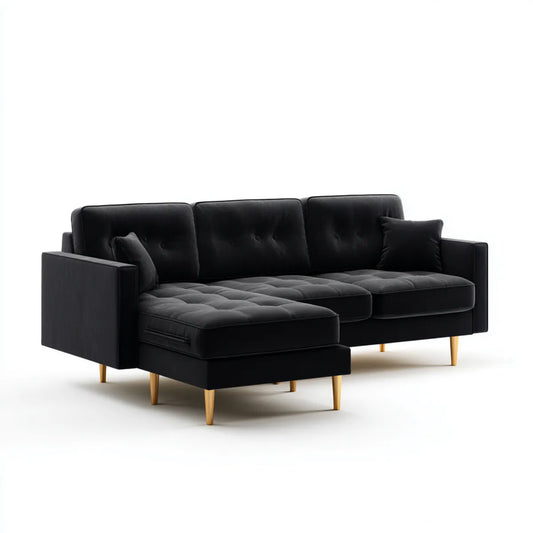 Sofa, Kanapa narożna 3 czarne poliestrowe aksamitne siedzenia z szezlongiem lewo 250 x 160 x 85 cm